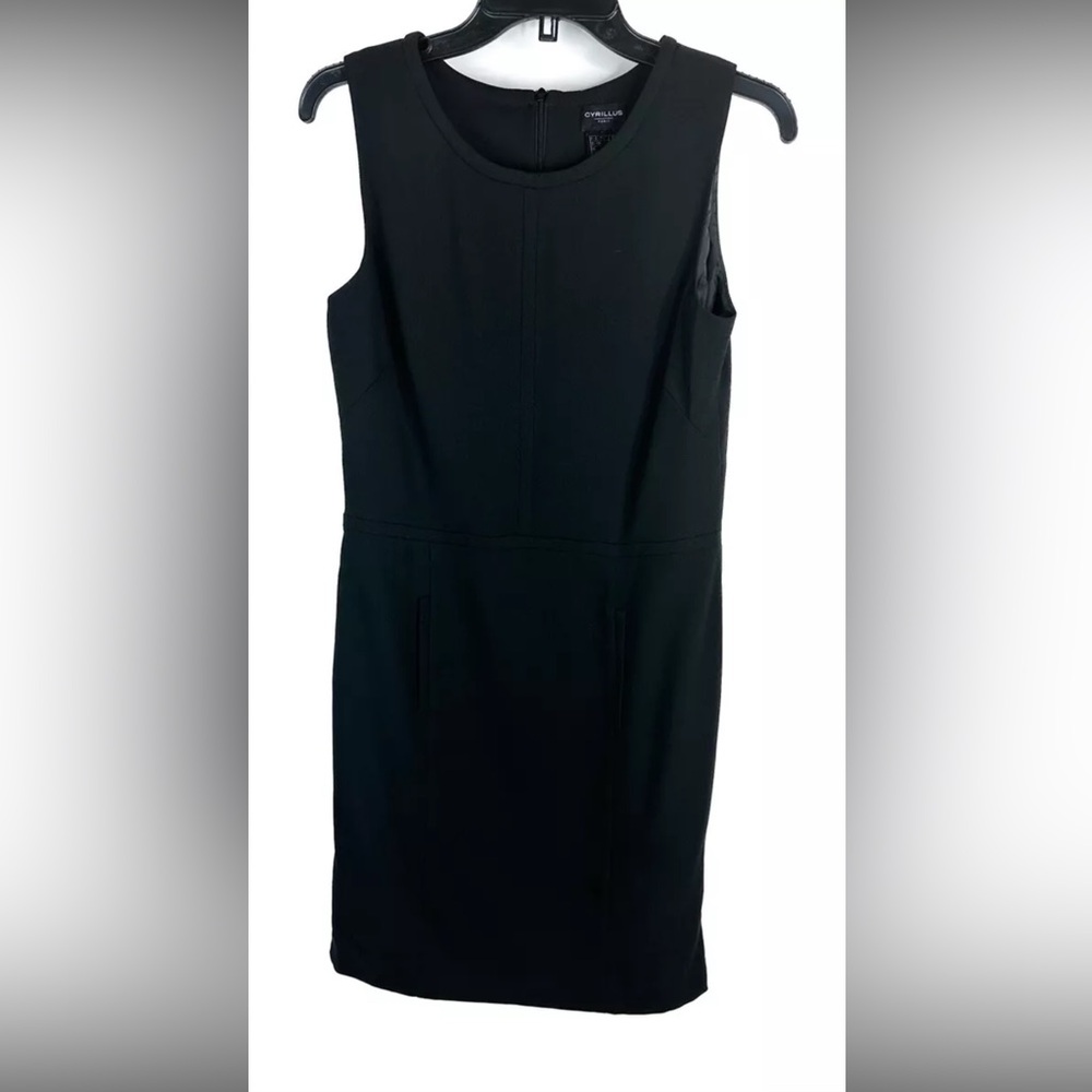 Cyrillus Women’s Dress 8 Black Pencil Lined Faux Pockets Stretch Wool Sleeveless